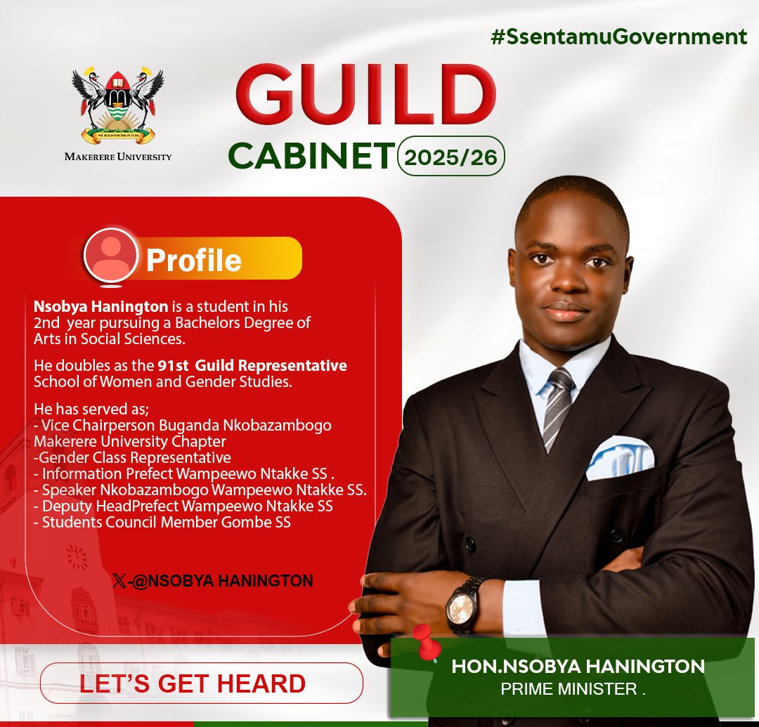 MakGuild's tweet photo. And finally, presenting Hon. Nsobya Hannington- the 2025/26 Prime Minister of the guild Cabinet. He brings experience, integrity, and bold vision to the table.
#Ssentamugovernment
#LetsGetHeard
#Knowyourminister https://t.co/RERNsnvAzK