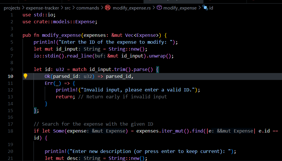 kayleecodez's tweet photo. practicing #RustLang with a CLI expense tracker 

added add/list/edit/delete features, persistent storage via #serde JSON, and clean file I/O.

used enums, pattern matching, and proper error handling with Result &amp; thiserror

#Rust #programming https://t.co/REgvBvGrZK