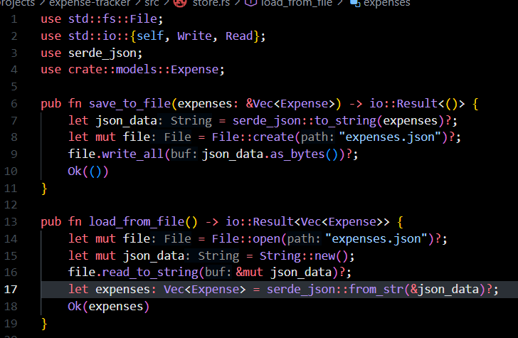 kayleecodez's tweet photo. practicing #RustLang with a CLI expense tracker 

added add/list/edit/delete features, persistent storage via #serde JSON, and clean file I/O.

used enums, pattern matching, and proper error handling with Result &amp; thiserror

#Rust #programming https://t.co/REgvBvGrZK
