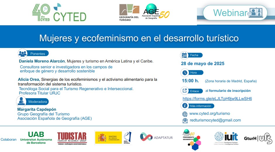 ✅"Mujeres y ecofeminismo en el desarrollo turístico", seminario on line  el próximo 28 de mayo, a las 15:00.
📡Organizado por el grupo de Geografía del Turismo <a href="/Grupo10A/">Grupo10TurismoAGE</a> de la AGE <a href="/AGE_Oficial/">AGE</a>, desde Pensamiento Geográfico colaboramos y difundimos. 
👀Toda la información👇