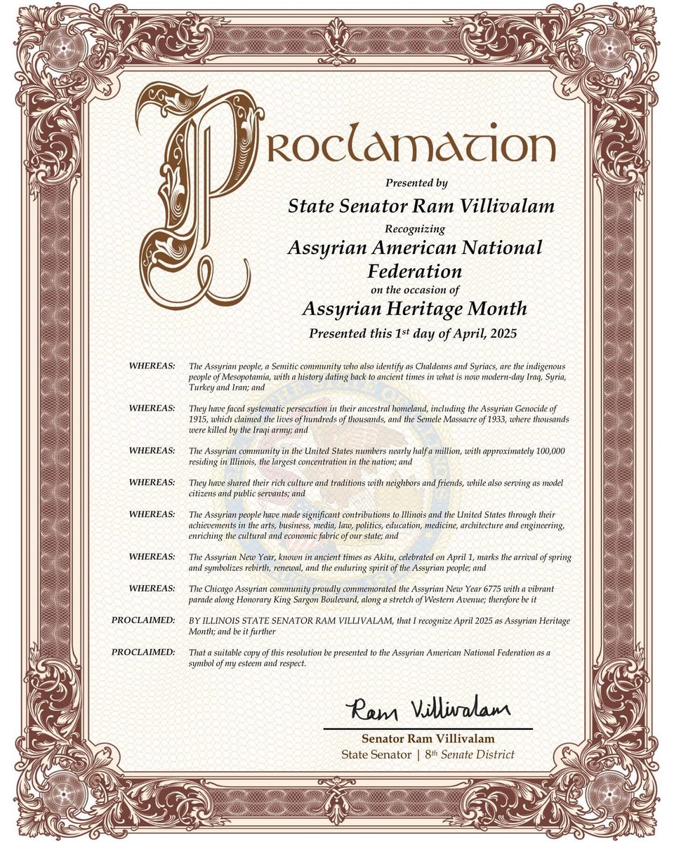 Assyrian American National Federation, Inc. (@aanforg) on Twitter photo We are excited to announce that April 2025 has been designated as Assyrian American Heritage Month. A huge thank you to @senatorvillivalam and the team at <a href="/voteassyrian/">Vote Assyrian</a> for their work on Resolution 211 and presenting this to the Assyrian Community!
Happy Assyrian New Year to We are excited to announce that April 2025 has been designated as Assyrian American Heritage Month. A huge thank you to @senatorvillivalam and the team at <a href="/voteassyrian/">Vote Assyrian</a> for their work on Resolution 211 and presenting this to the Assyrian Community!
Happy Assyrian New Year to