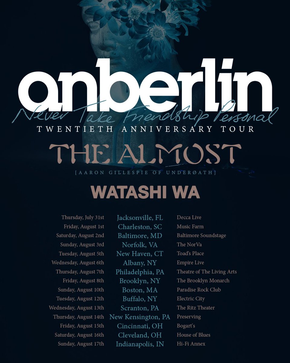 Anberlin (@anberlin) on Twitter photo The Never Take Friendship Personal Twentieth Anniversary Tour continues this summer with <a href="/TheAlmost/">The Almost</a> and <a href="/watashiwaband/">watashi wa</a>. VIP upgrades on sale tomorrow at 10am local. Tickets on sale Friday at 10am local. The Never Take Friendship Personal Twentieth Anniversary Tour continues this summer with <a href="/TheAlmost/">The Almost</a> and <a href="/watashiwaband/">watashi wa</a>. VIP upgrades on sale tomorrow at 10am local. Tickets on sale Friday at 10am local.