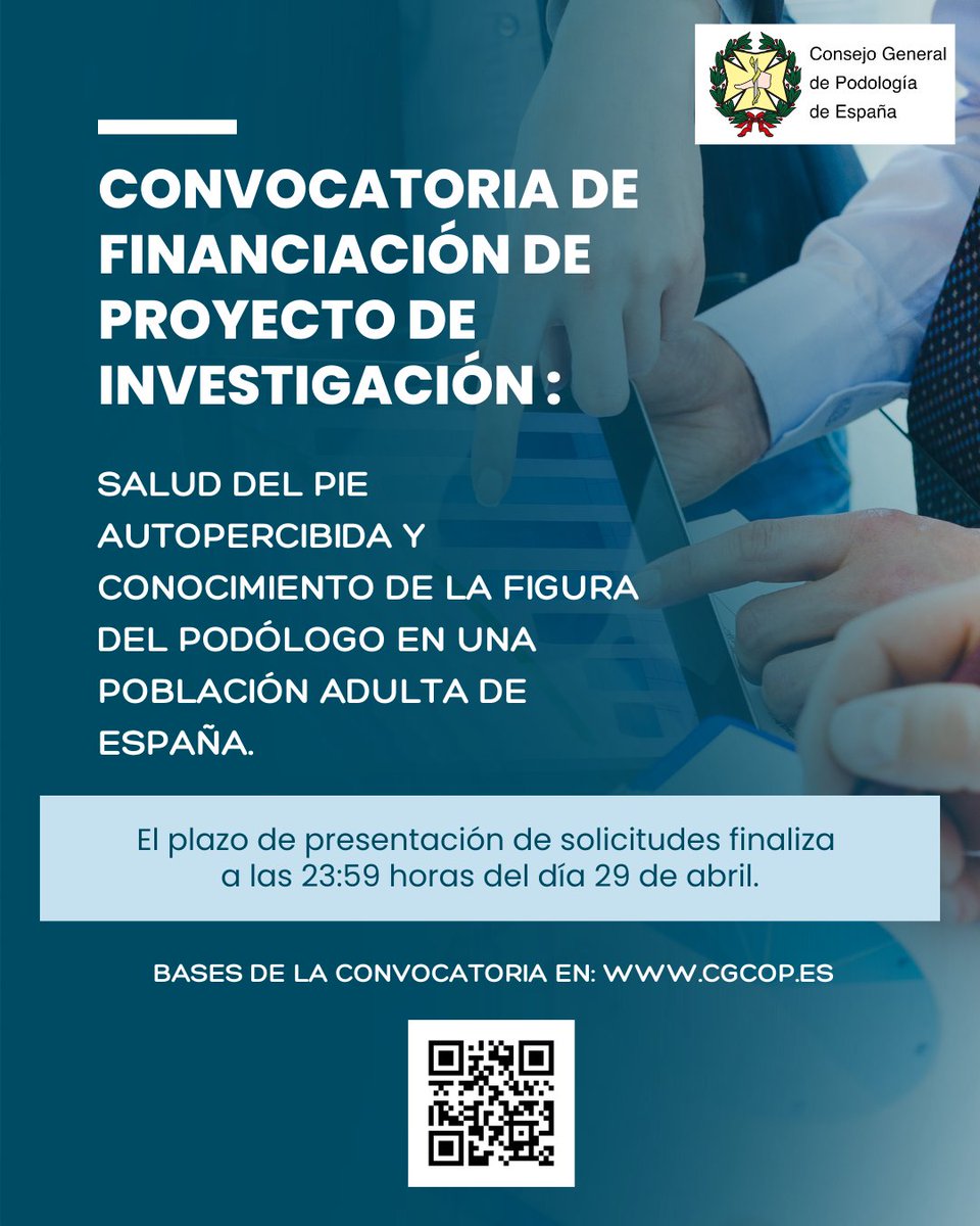 #ConvocatoriaCGCOP 

¿Investigas sobre salud ? 

¡Esta convocatoria es para ti! 
👣💼  Plazo: hasta el 29 de abril, 23:59h. 
🔗 Más info en cgcop.es  

#Podología #Investigación