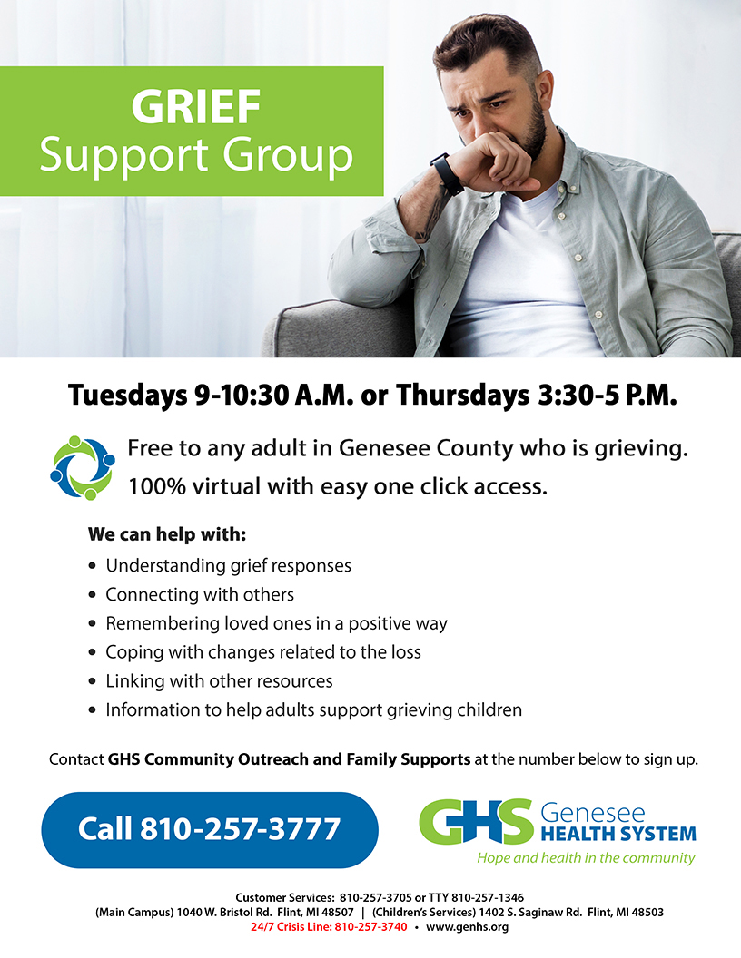 GHS has virtual Grief Support Groups available to any adult in Genesee County who is grieving. Attend regularly or whenever you are able.

#emotionalsupport #selfcare #mentalhealth #griefsupportgroup