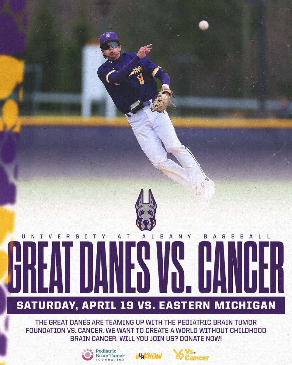 It’s UAlbany Baseball vs. Cancer this Saturday!

We're teaming up with the Pediatric Brain Tumor Foundation to raise awareness and funds to create a world without childhood brain tumors 🌎

Donate now and help us make a difference!

team.curethekids.org/team/639308

#UAUKNOW