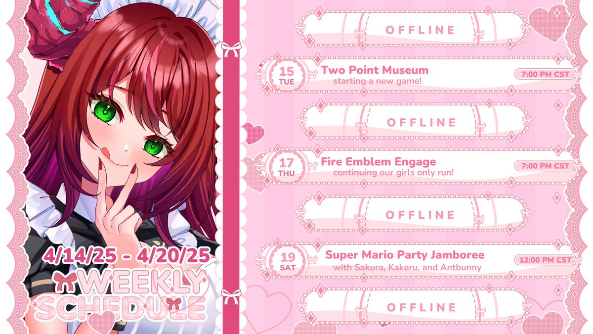 Here’s the stream schedule for the week! Two Point Museum on Tuesday, continuing FE on Thursday, and Mario Party with friends on Saturday 🐉🧁 Hope to see you there!

#VTuber #ENVtuber