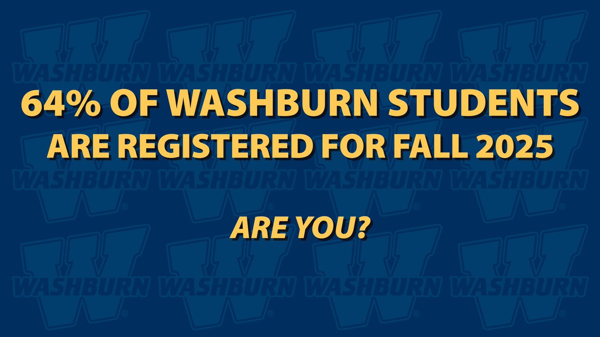 WUAdvising's tweet photo. 64% of Washburn students are registered for Fall 2025. Are you? If not, schedule an appointment with your advisor in Navigate to talk about your Fall 2025 classes or stop by the Advising office in Plass 315. https://t.co/mzxaJd0ZDz