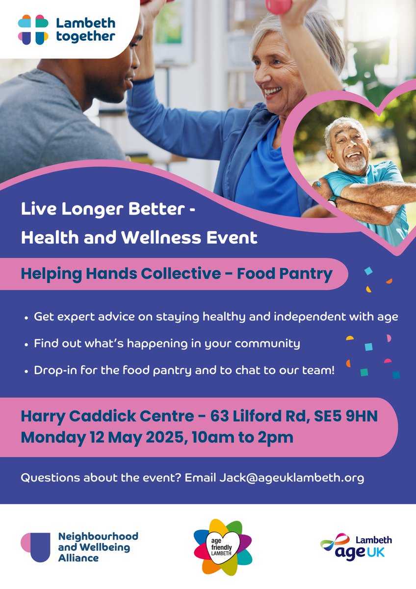 Watmos Community Homes (@watmos_ch) on Twitter photo Join the Live Longer Better event in May to help you access #health and #wellbeing information, advice and support in #lambeth
🗓️Monday 12 May
🕙10am – 2pm
📍Harry Caddick Community Centre, 63 Lilford Road, London SE5 9HN
<a href="/AgeUKLambeth/">Age UK Lambeth</a> <a href="/LambethTogether/">Lambeth Together</a> <a href="/lambeth_council/">Lambeth Council</a> Join the Live Longer Better event in May to help you access #health and #wellbeing information, advice and support in #lambeth
🗓️Monday 12 May
🕙10am – 2pm
📍Harry Caddick Community Centre, 63 Lilford Road, London SE5 9HN
<a href="/AgeUKLambeth/">Age UK Lambeth</a> <a href="/LambethTogether/">Lambeth Together</a> <a href="/lambeth_council/">Lambeth Council</a>