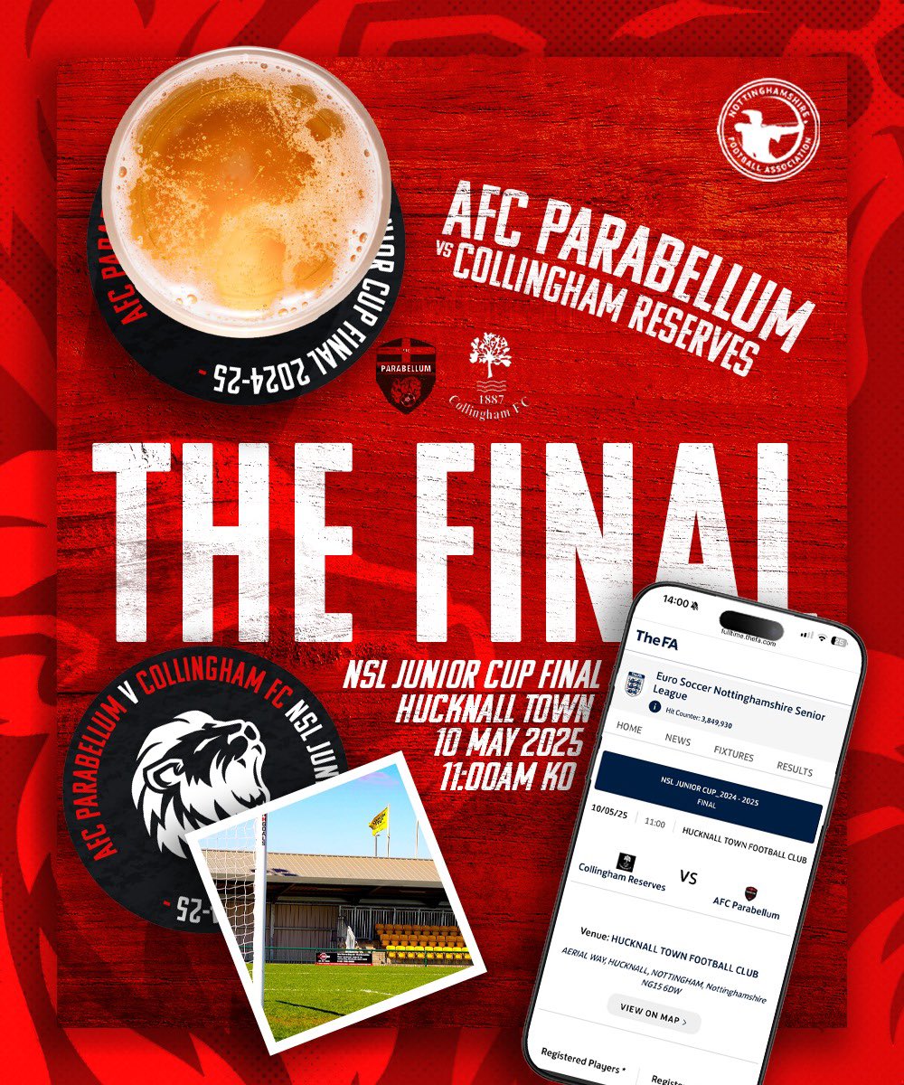 As the season comes to a close we turn our heads to the cup final!

We need all the support we can get for this one so come down and show your support for the boys!

📆 10th May
📍Hucknall Town Football Club
🕣 11:00am Kick off
🆚 Collingham Reserves
🏆 NSL Junior Cup