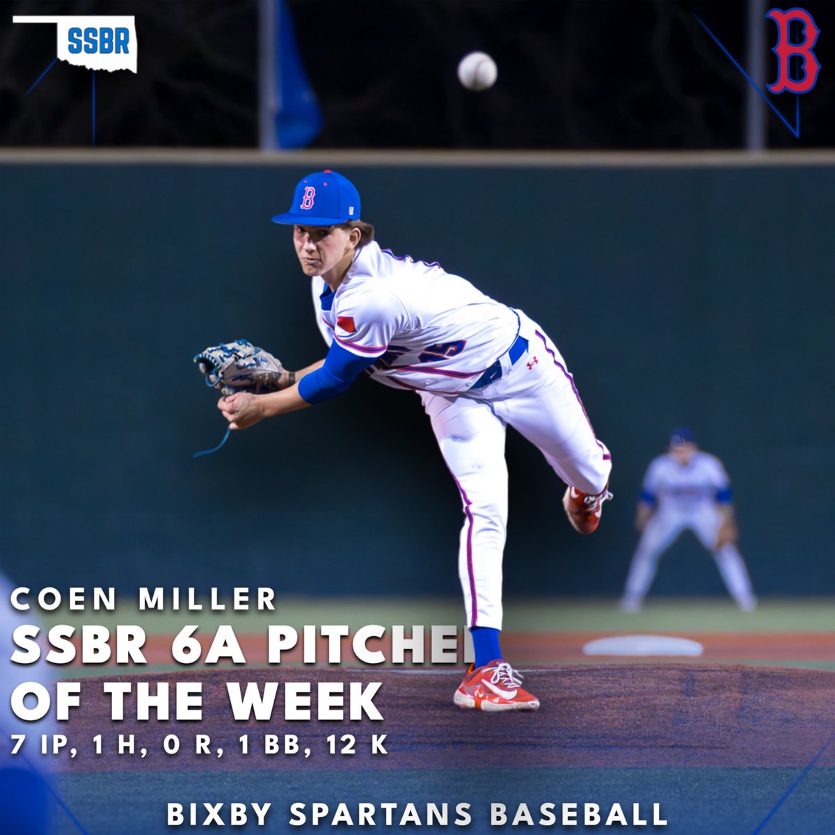 Congrats to senior Coen Miller being named 6A pitcher of the week by Sooner State Baseball Report for this week!

Coen faced one over the minimum, striking out 12 in a CG shutout effort on Saturday.

#BixbyBaseball | #Family