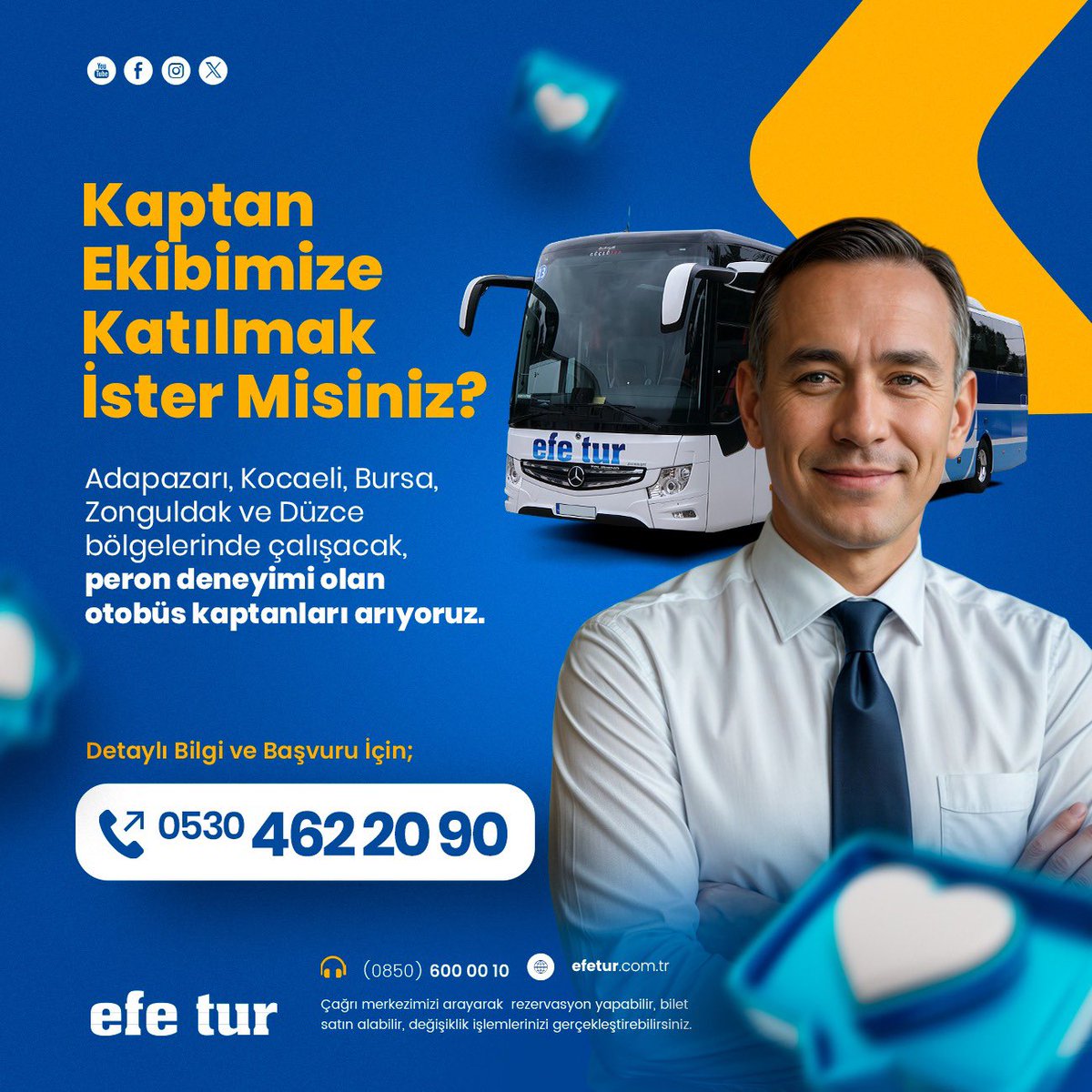 onlineefetur's tweet image. Deneyimli Otobüs Kaptanları Arıyoruz!

- Peron deneyimi olan
- Güvenli ve konforlu sürüş sağlayan
- Müşteri memnuniyetine önem veren
- Takım çalışmasına yatkın

Detaylı bilgi ve başvuru için görselde yer alan numara üzerinden bizimle iletişime geçebilirsiniz. 💙 #efetur #işilanı