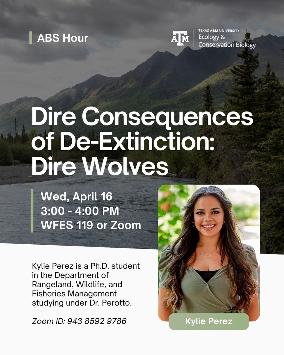Howdy!

We invite you to join us for another ABS Hour on Wednesday, April 16, at 3 PM in WFES 119.

tamu.zoom.us/s/94385929786

We hope to see you there!

#TAMUECCB #rangeland #wildlife #fisheries #vegetation