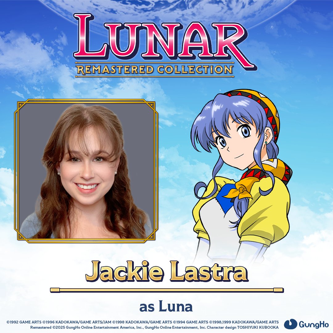 Introducing the English voice cast for LUNAR Remastered Collection! 

Beginning with LUNAR 1, we have our kind and compassionate Luna Noa, who will be voiced by Jackie Lastra ⭐ <a href="/JackieLastra/">Jackie Lastra</a>  

#LUNARRemastered
