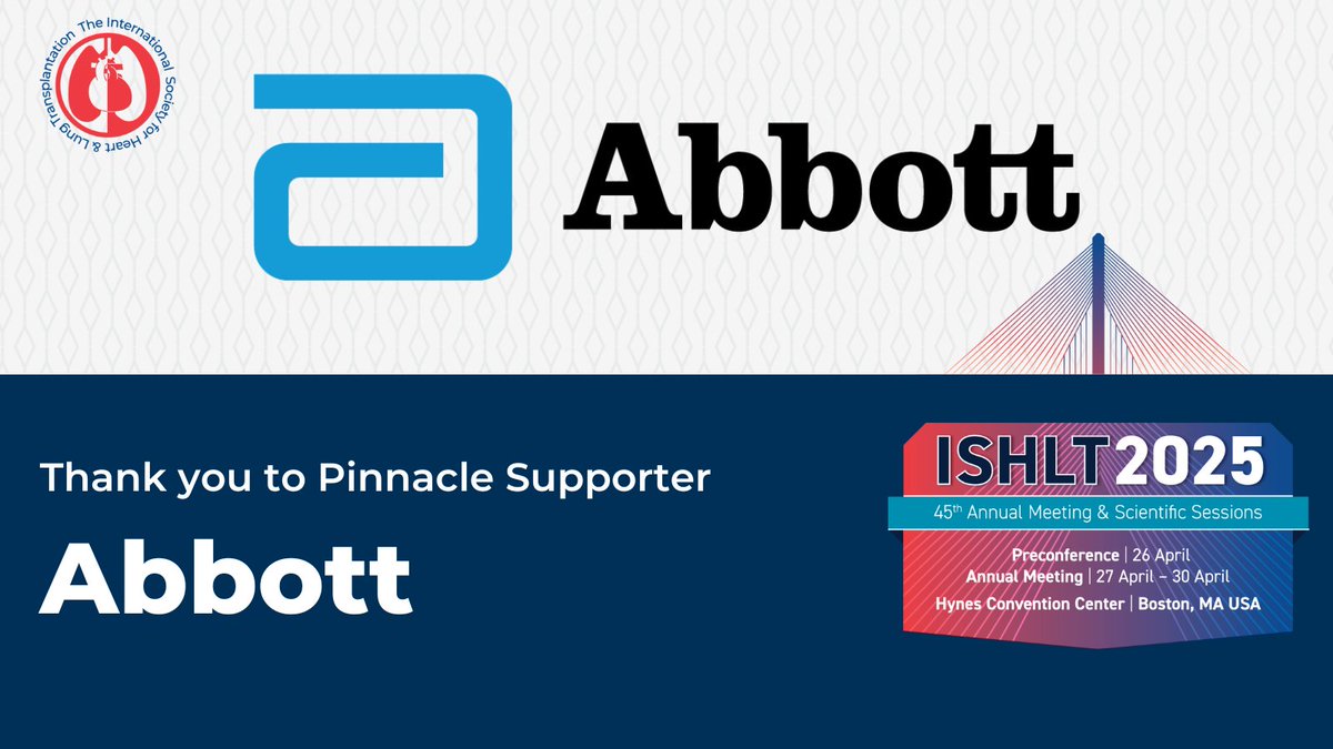 The ISHLT (@ishlt) on Twitter photo Thank you to <a href="/AbbottCardio/">Abbott Cardiovascular</a> for their generous support! Partners like Abbott make the #ISHLT2025 Annual Meeting possible. See Abbott on-site in Boston at booth 409. Thank you to <a href="/AbbottCardio/">Abbott Cardiovascular</a> for their generous support! Partners like Abbott make the #ISHLT2025 Annual Meeting possible. See Abbott on-site in Boston at booth 409.