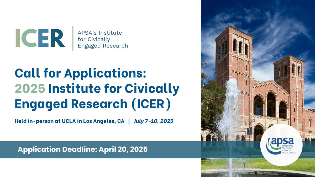 APSAtweets's tweet photo. Submit your applications to join the 2025 #ICER, a four-day, residential workshop that provides political scientists with training to conduct ethical and rigorous civically-engaged #research. View the call for applications: https://t.co/LCUYmk2OyY
https://t.co/789JAPpWYG https://t.co/VHfkMMYy6E