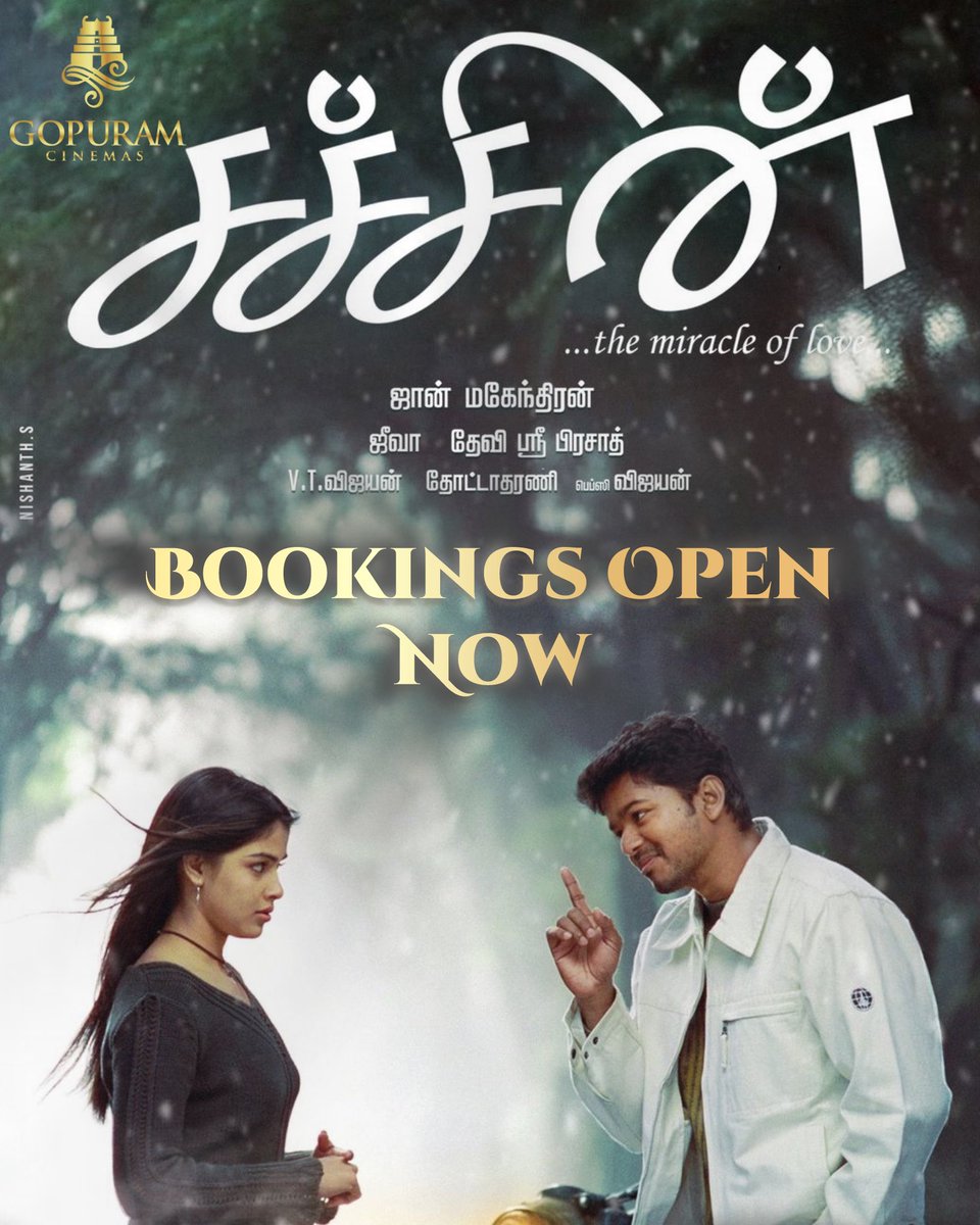 Gopuram_Cinemas's tweet photo. Fall in love all over again! 💘 Revisit the magic of #Sachien – Bookings now open at @Gopuram_Cinemas! 🎟️🔥

Book Now - https://t.co/pvU4TQBTk6
Experience it with Laser Projection and DOLBY ATMOS🔊

Thalapathy @actorvijay @Johnroshan @ThisIsDSP @geneliad @iamsanthanam @bipsluvurself 

#GopuramCinemas #SacheinMovie #SacheinFromApril18 #ThalapathyVijay #Vijay #Genelia #Vadivelu #Santhanam #JohnMahendran #DeviSriPrasad