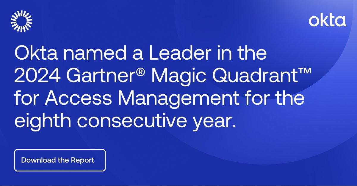 Okta is once again recognized as a Leader in the 2024 <a href="/Gartner_inc/">Gartner</a>® Magic Quadrant™ for Access Management.

Thank you to our customers and partners for helping us reach this milestone! Here’s to many more years of innovation and leadership ➡️ bit.ly/4f2giC2