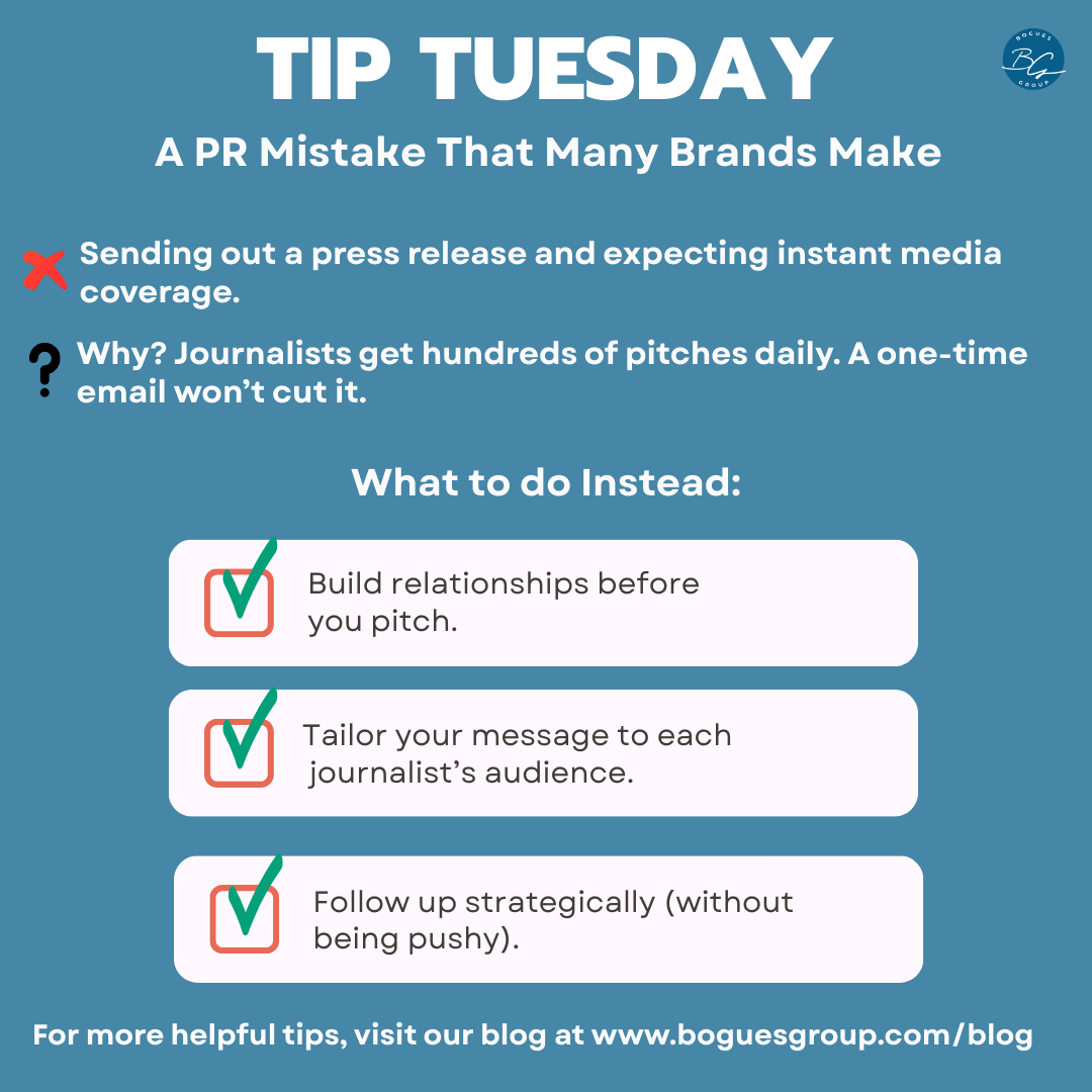 Want media coverage? Build genuine connections, not just send pitches. Improve outreach and make pitches stand out.

For more tips visit: boguesgroup.com/blog. 

#BoguesGroup #TipTuesday #MediaRelations #PublicRelations
