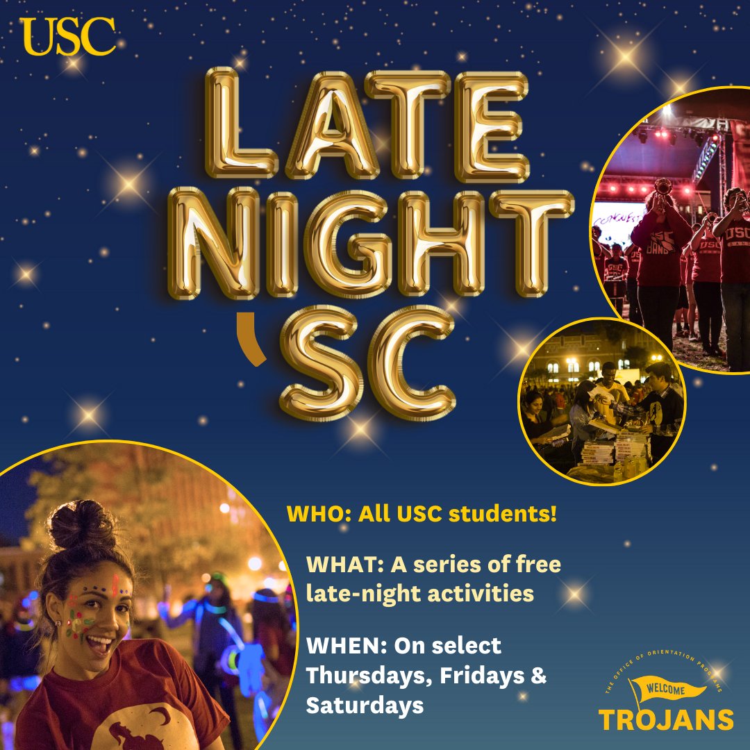 WelcomeTrojans's tweet photo. Late Night 'SC is a series of free late-night programs offered to all USC students! These events take place on Thursday, Friday and Saturday. There have been paint nights, bowling activities, trips to the Pantages Theatre, and so much more! 🎆 https://t.co/54kDTDUasJ