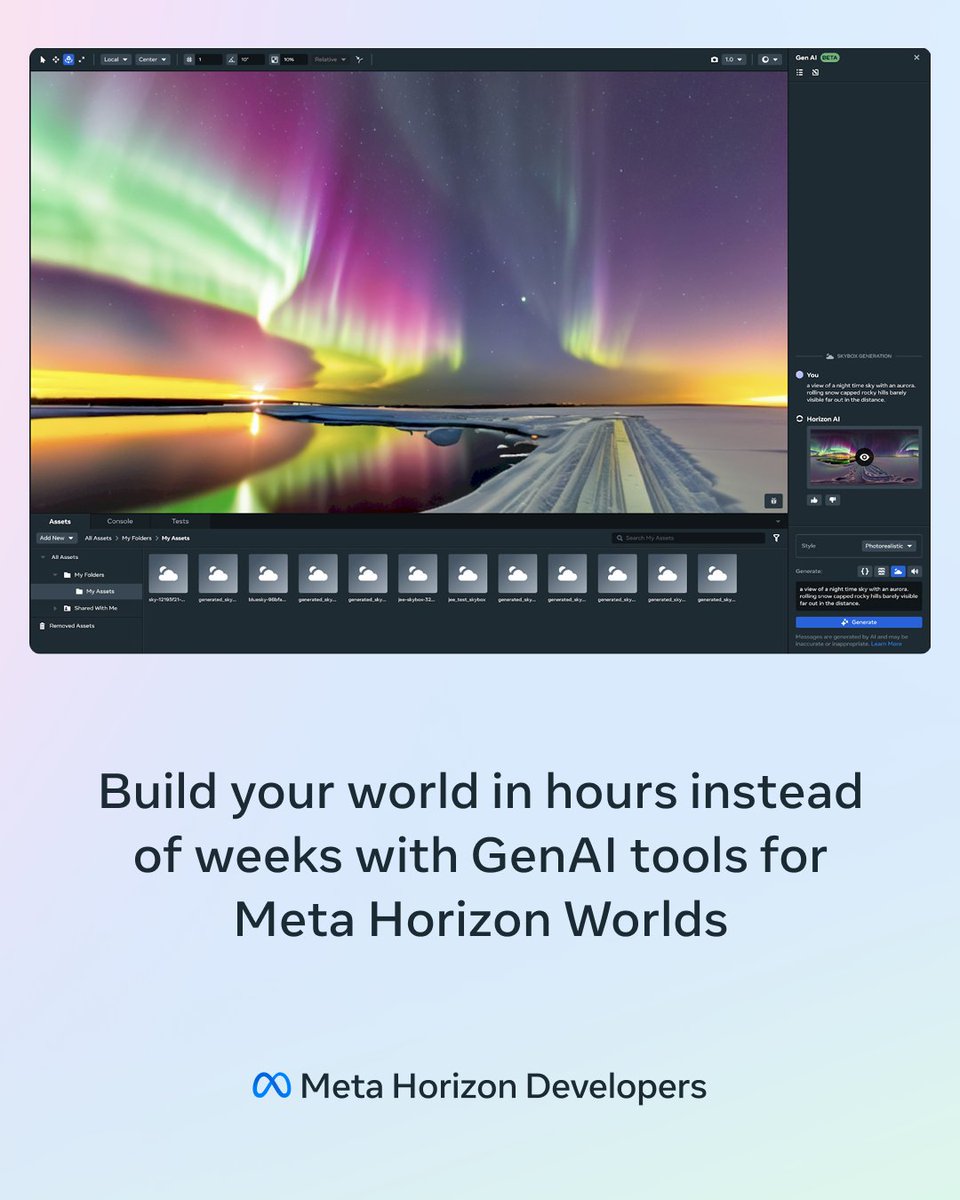 Go from ideas to polished prototypes in hours instead of weeks. 🌎🚀 That's the power of AI tools in the Horizon Worlds desktop editor. Explore advanced features for US, UK and Canada-based creators making it easier to build worlds for MR and mobile: bit.ly/3RM3B4X