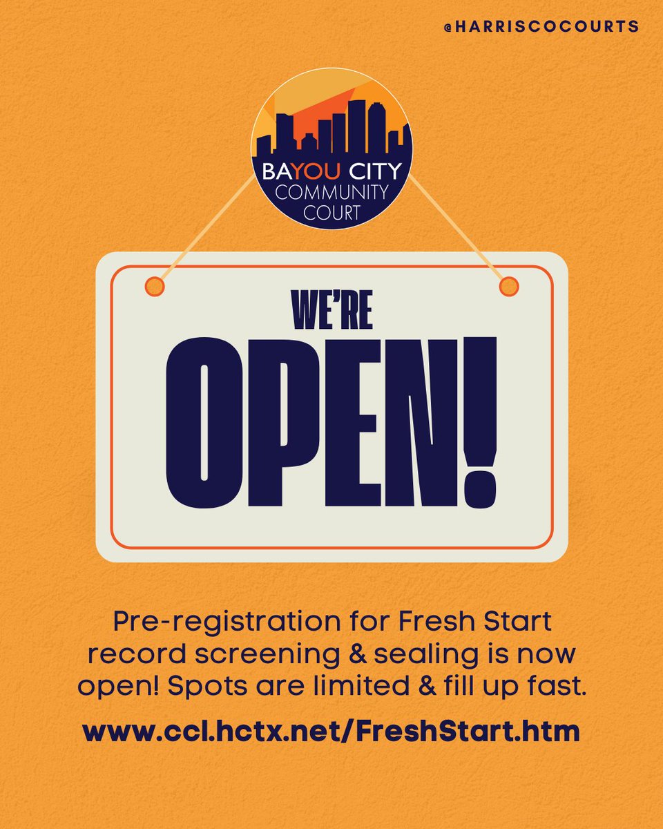 Pre-registration is NOW OPEN for criminal record screening &amp; sealing at Fresh Start on 5/3. Spaces are limited &amp; fill fast: ccl.hctx.net/FreshStart.htm.

Reminder: Fresh Start is for Harris County criminal records only. Criminal records from other counties or states do not qualify.