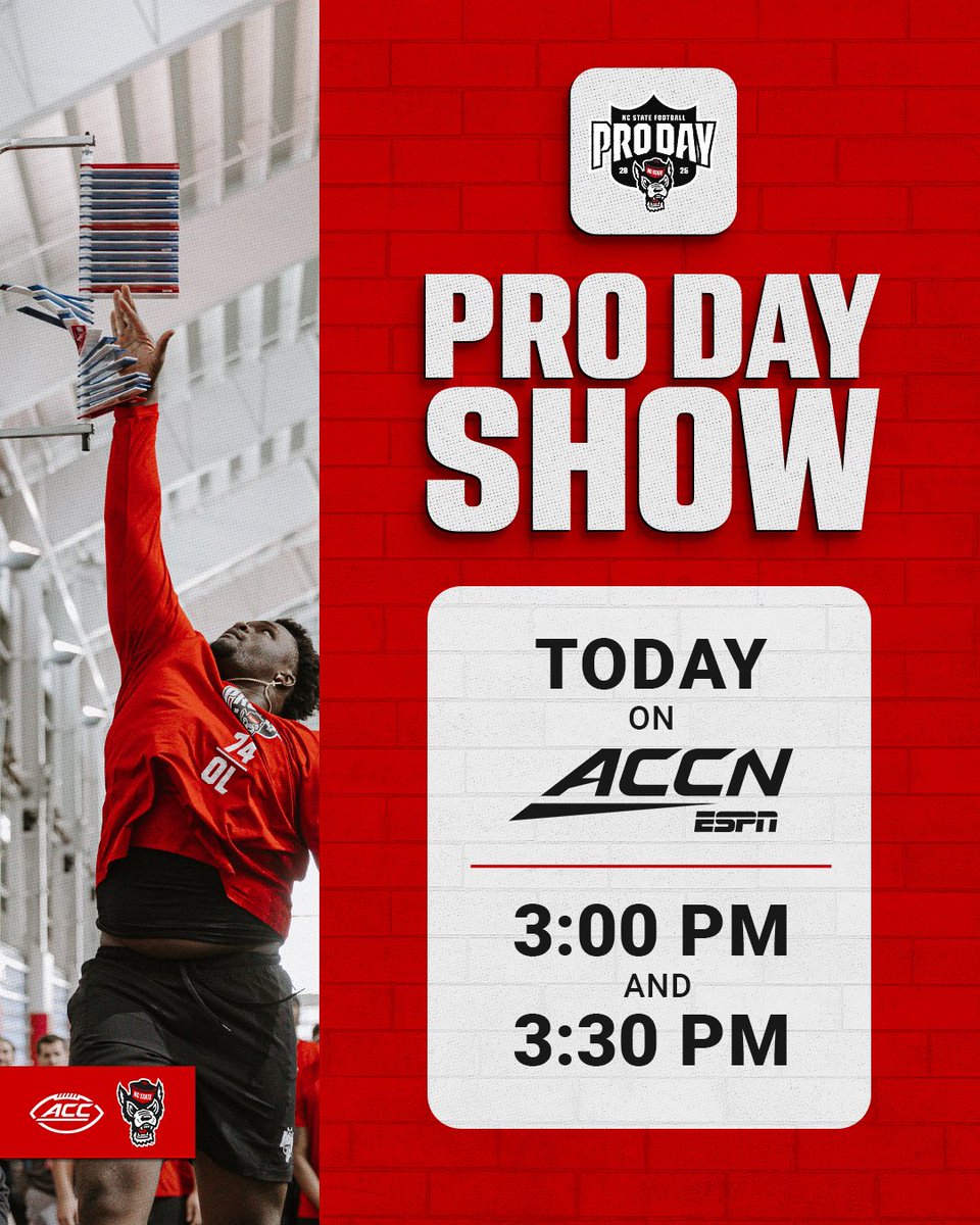 NC State Football (@packfootball) on Twitter photo Tune in to <a href="/accnetwork/">ACC Network</a> today at 3PM & 3:30PM for a behind the scenes look at our Pro Day!
#1Pack1Goal | #PackPros Tune in to <a href="/accnetwork/">ACC Network</a> today at 3PM & 3:30PM for a behind the scenes look at our Pro Day!
#1Pack1Goal | #PackPros