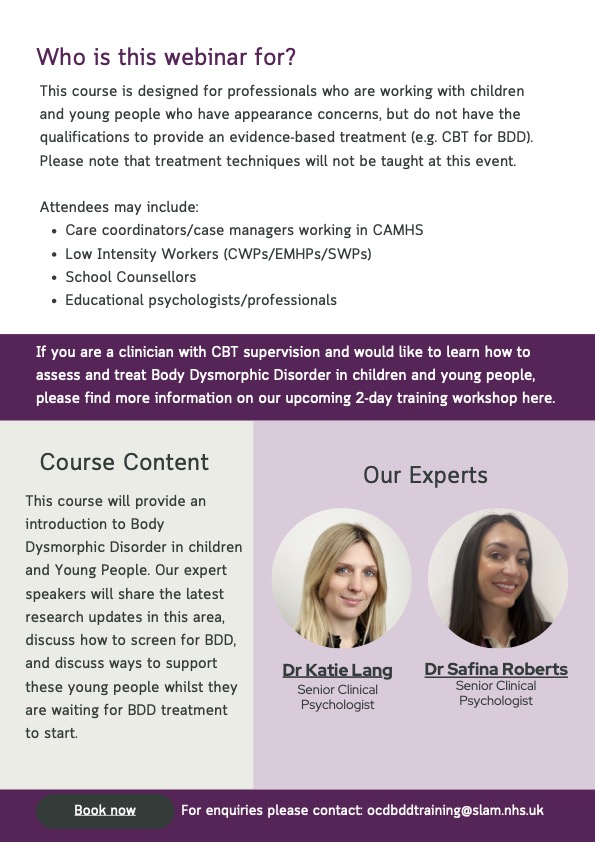This online training course is for professionals working with children, young people and families, who want to build their understanding and awareness of Body Dysmorphic Disorder. 

To book: ow.ly/hRJA50VA7jo

 #BodyDysmorphicDisorder #ProfessionalDevelopment #MentalHealth