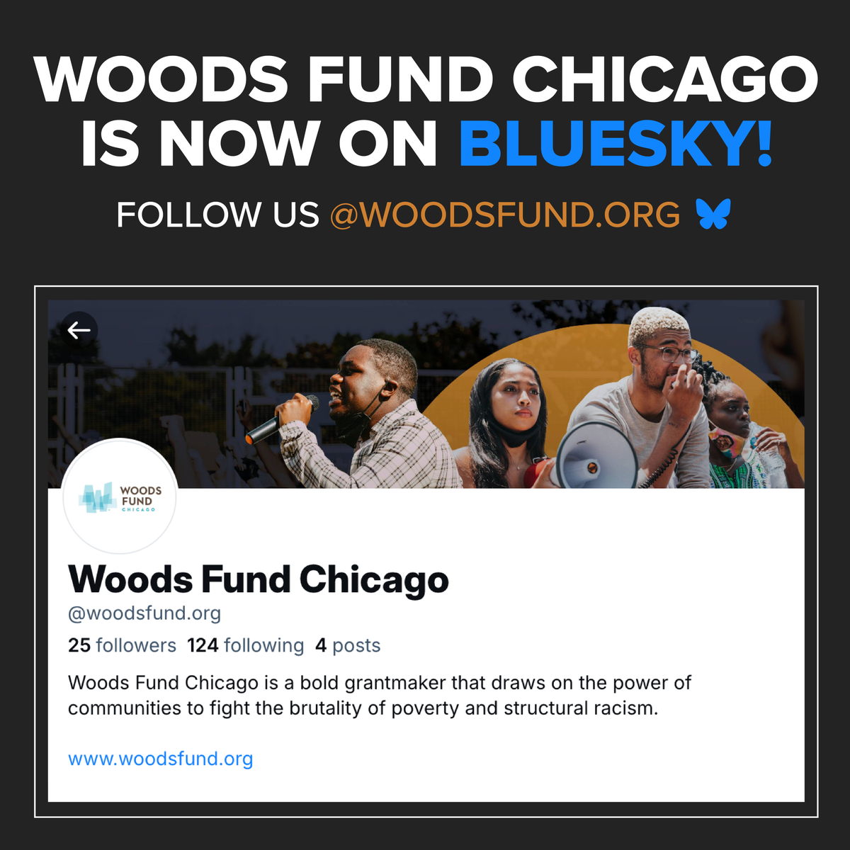 WoodsFundChi's tweet photo. Woods Fund Chicago is now on Bluesky! Follow us today at @woodsfund.org for WFC news, grantee partner updates, and more.

🦋: https://t.co/rAyguiUpxK https://t.co/dqYBHQN8uH