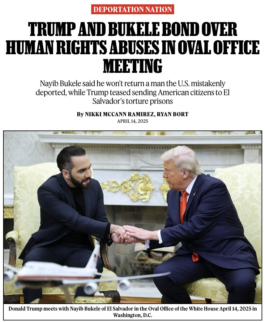 RollingStone's tweet photo. Bukele and Trump have been publicly forging a partnership centered around extending the “judicial black hole” of El Salvador’s prisons to the United States as a tool for Trump’s deportation agenda.

Story: https://t.co/Hk1i5JgShb https://t.co/8IUDXu33nX