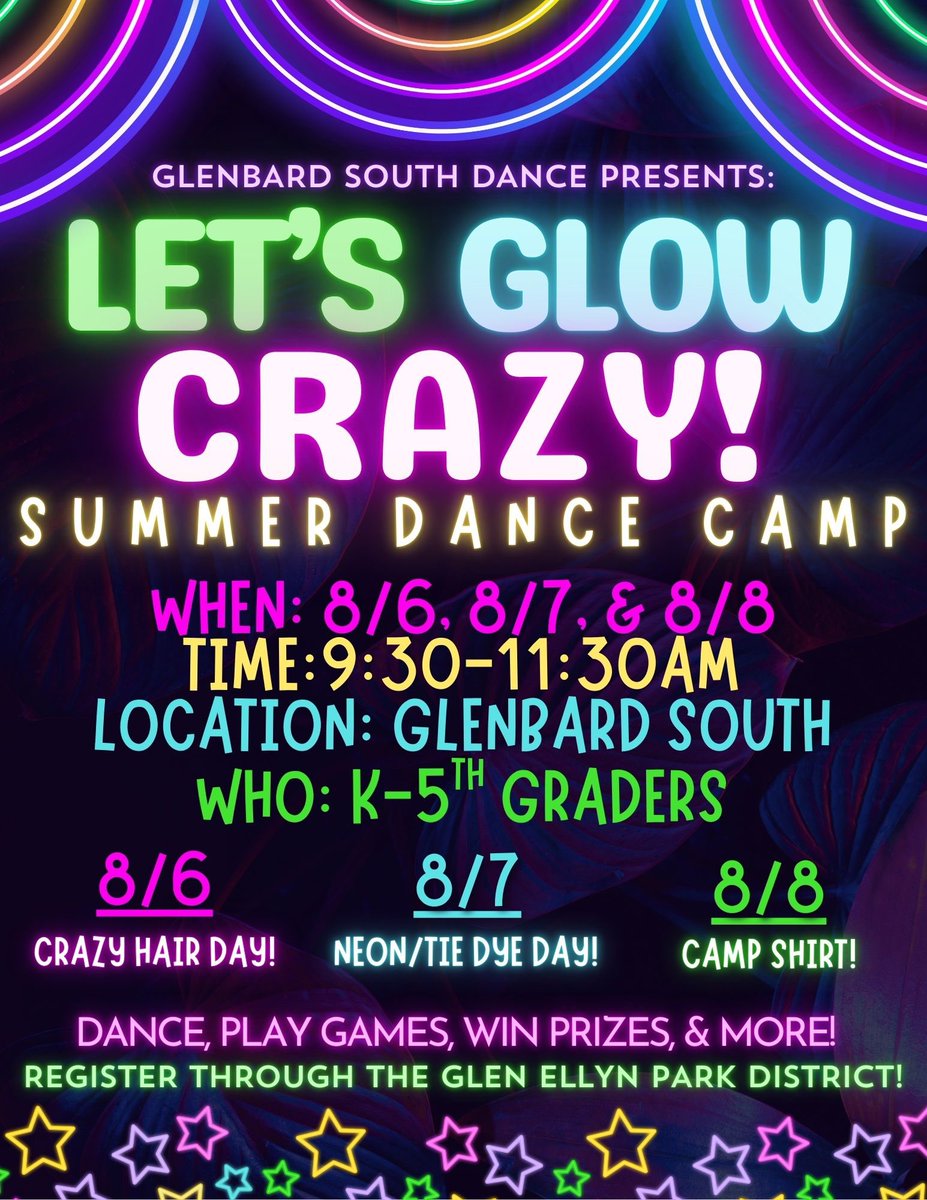 💜💚𝐋𝐄𝐓’𝐒 𝐆𝐋𝐎𝐖 𝐂𝐑𝐀𝐙𝐘🩷🧡
registration is open for our K-5th grade summer camp! Sign up today through the Glen Ellyn Park District!
