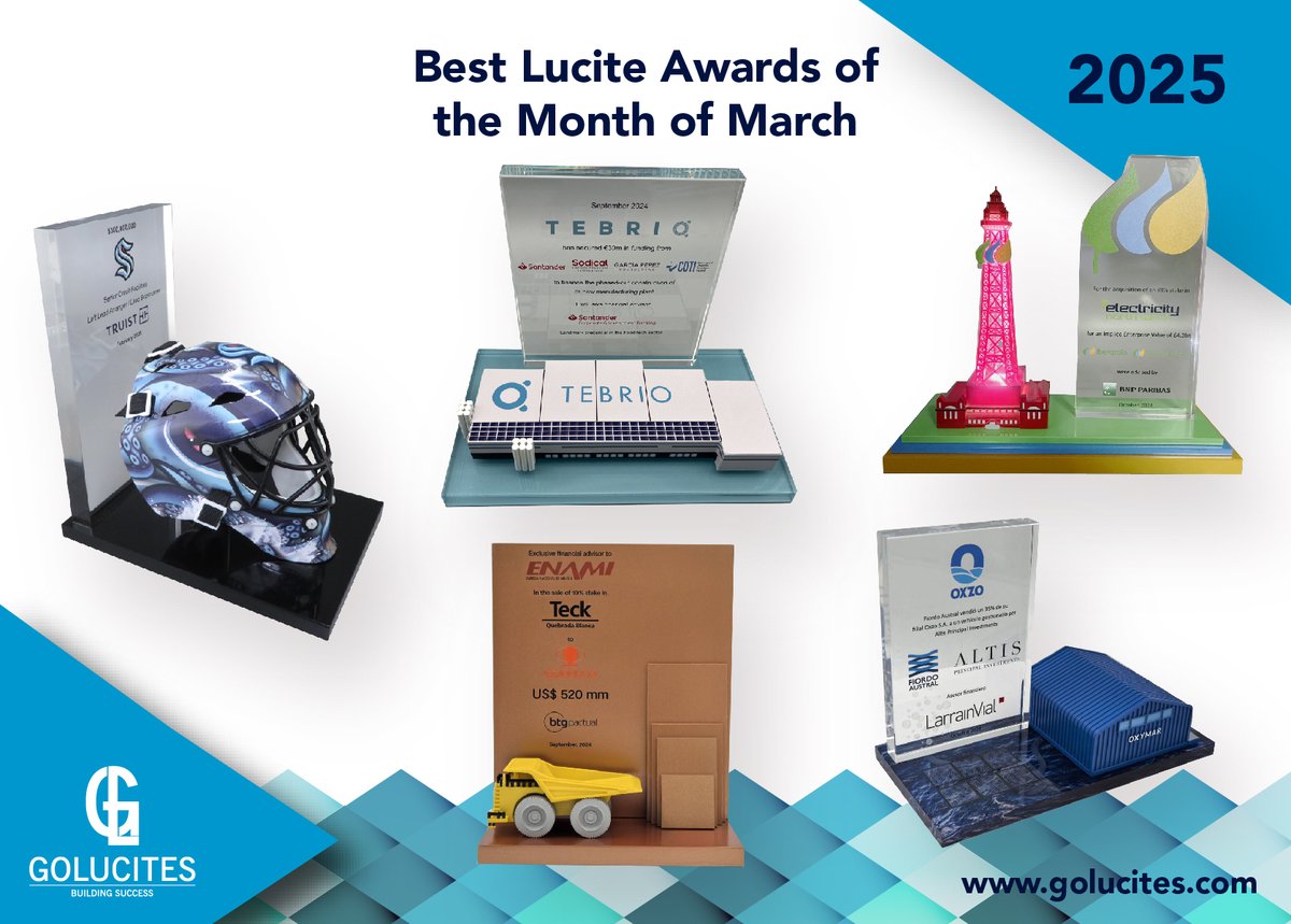 GoLucites's tweet image. Five pieces, five stories that turn bold ideas into unforgettable trophies.
From fish farms to iconic towers, March was all about creativity in 3D, crystal, and resin.
Congratulations !
#Lucites #CorporateAwards #CreativeRecognition #Golucites
 
golucites.com