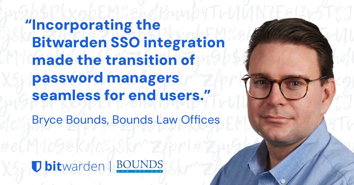 Bitwarden's tweet image. When Bryce Bounds was tasked by his law office to find a password management solution, he knew Bitwarden was the perfect fit. A longtime individual user and open source contributor, Bounds decided to #bringit to work. You can too! btwrdn.com/3GkLbWt