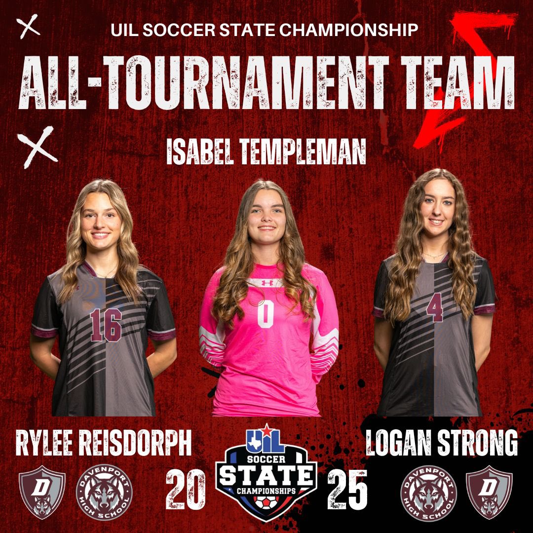 Davenport Girls Soccer (@dhs_gsoccer) on Twitter photo Congratulations to <a href="/RyleeReisdorph/">Rylee Reisdorph</a>, Logan Strong, and Isabel Templeman on being selected to the UIL State Championship All-Tournament Team!
<a href="/jdzimmerhanzel/">JD Zimmerhanzel</a> <a href="/taylour_to5o/">Taylour Toso</a> <a href="/dhs_looney/">Angela Looney</a> <a href="/DavenportWolves/">DHS Wolves Athletics</a> <a href="/cisdnews/">Comal ISD</a> <a href="/6a_28/">SA High School & Club Soccer</a> <a href="/LethalSoccer/">Coach Duque</a> <a href="/sanantoniohss/">San Antonio High School Sports</a> <a href="/hinojosa_david/">David Hinojosa</a> <a href="/NewBraunfelsHZ/">NB Herald-Zeitung</a> Congratulations to <a href="/RyleeReisdorph/">Rylee Reisdorph</a>, Logan Strong, and Isabel Templeman on being selected to the UIL State Championship All-Tournament Team!
<a href="/jdzimmerhanzel/">JD Zimmerhanzel</a> <a href="/taylour_to5o/">Taylour Toso</a> <a href="/dhs_looney/">Angela Looney</a> <a href="/DavenportWolves/">DHS Wolves Athletics</a> <a href="/cisdnews/">Comal ISD</a> <a href="/6a_28/">SA High School & Club Soccer</a> <a href="/LethalSoccer/">Coach Duque</a> <a href="/sanantoniohss/">San Antonio High School Sports</a> <a href="/hinojosa_david/">David Hinojosa</a> <a href="/NewBraunfelsHZ/">NB Herald-Zeitung</a>