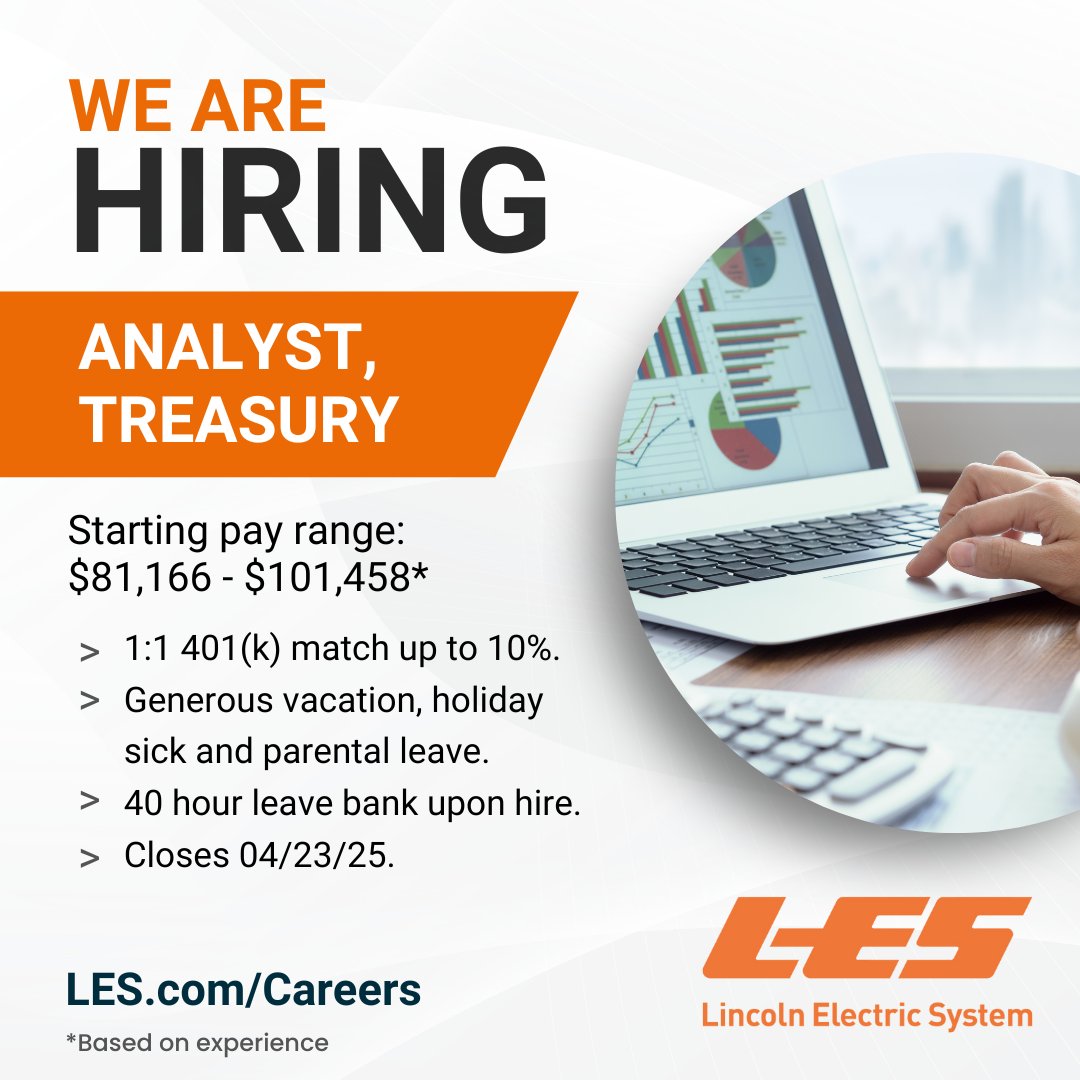 We're looking for a Treasury Analyst to join our team! An ideal candidate is someone who takes initiative, is a team player and can maintain positive relationships with customers responsible for LES' investment and banking programs. To apply, visit LES.com/Careers. ⚡