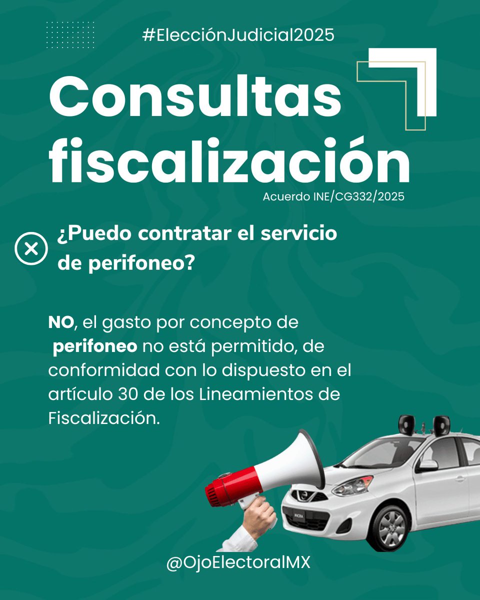 #ConsultasFiscalización 💰 ¿PUEDO USAR PERIFONEO? 

❎NO, el gasto por concepto de perifoneo no está permitido, de conformidad con lo dispuesto en el artículo 30 de los Lineamientos de Fiscalización.
