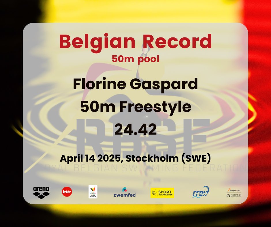 🇧🇪 BELGIAN RECORD 🇧🇪
Now it's Florine's turn! 🤩

Florine Gaspard just broke the Belgian record in the 50m freestyle during the Swim Open in Stockholm, Sweden with an incredible time of 24.42!

She takes down her own previous record of 22.65 set in Amiens in 2023.