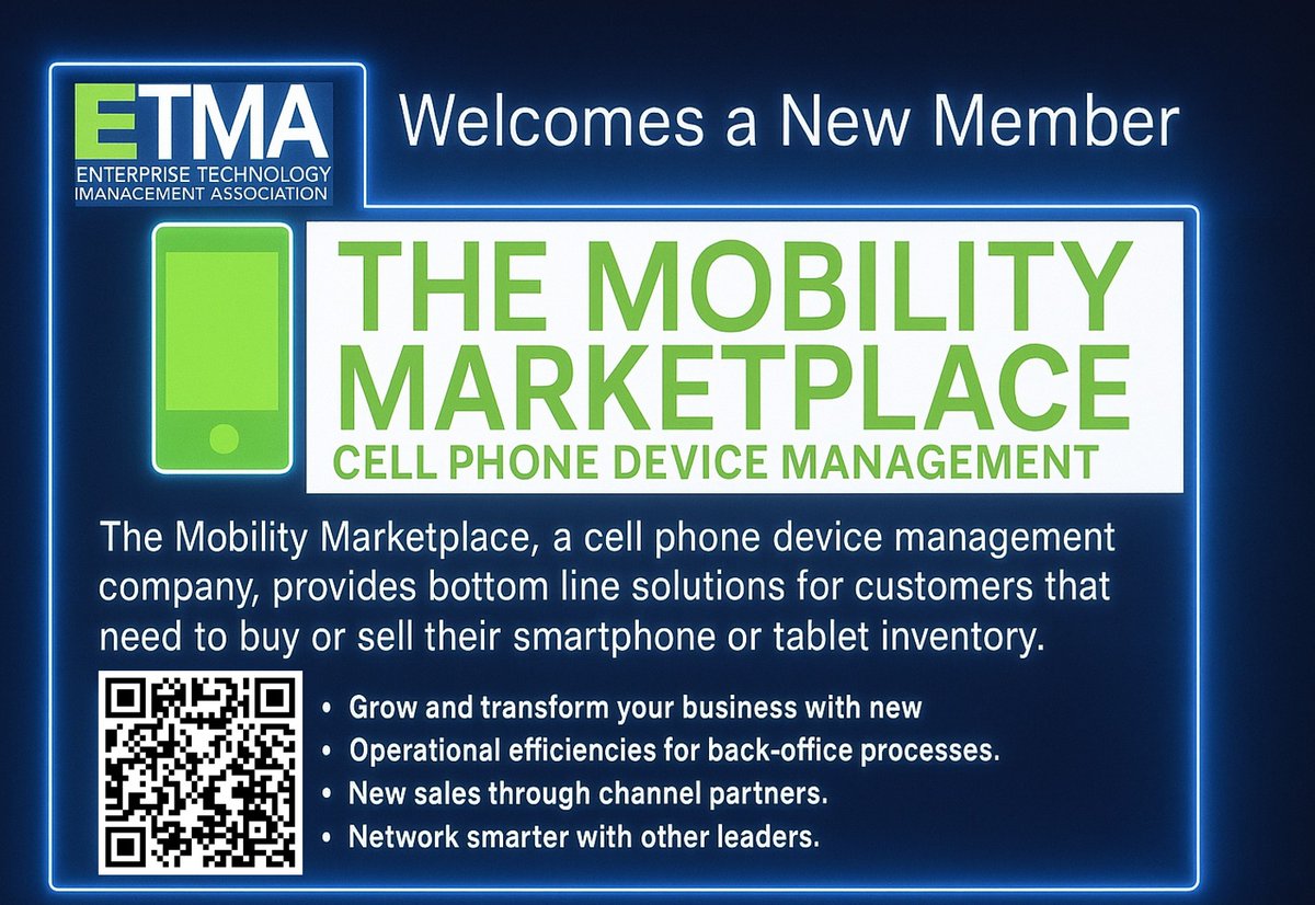 ETMA welcomes its newest member: The Mobility Marketplace themobilitymarketplace.com, as. a cell phone device management company, provides bottom line solutions for customers that need to buy or sell their smartphone or tablet inventory. Value prop youtube.com/watch?v=b58wHO… and...