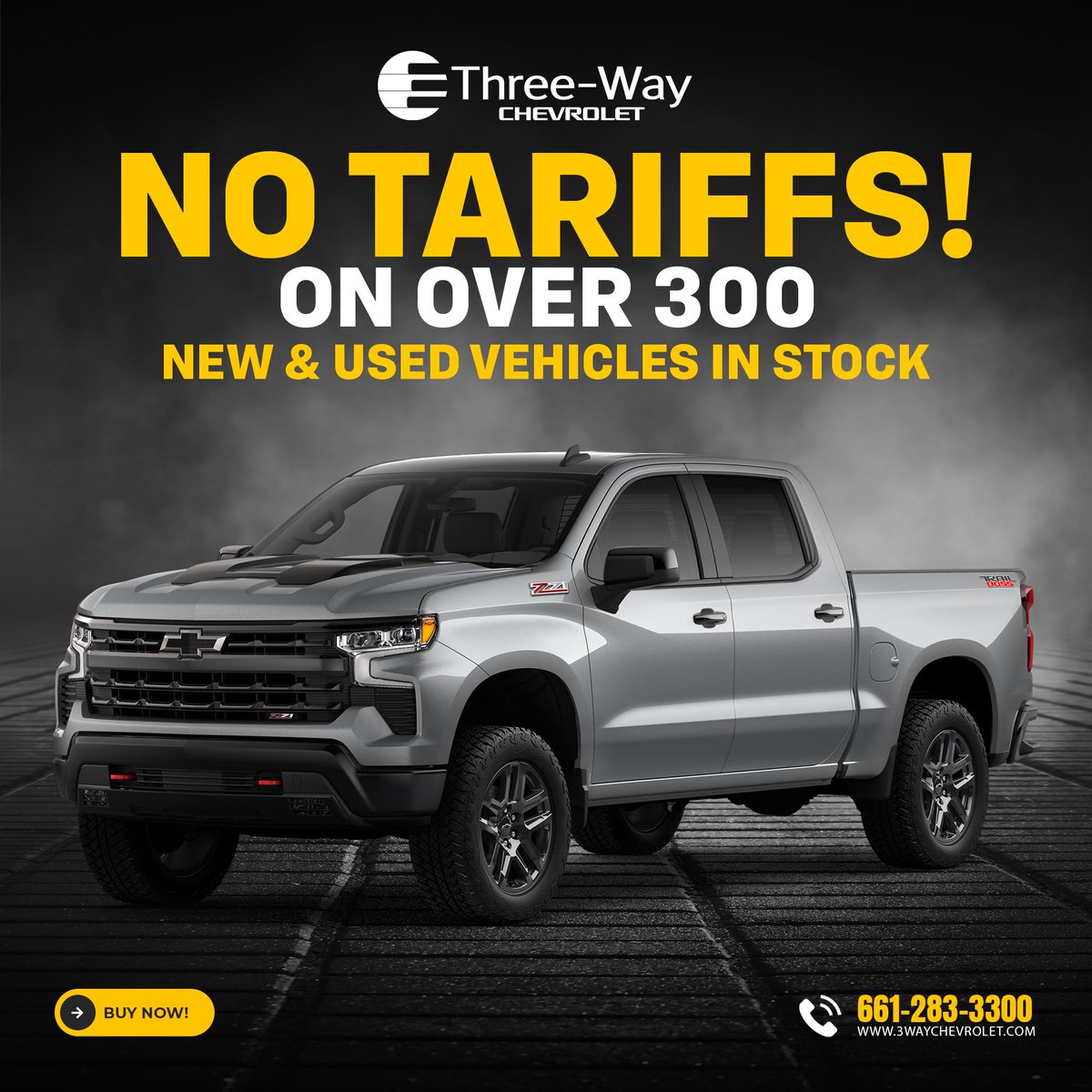 We have over 300 tariff-free new and pre-owned vehicles to choose from! Our current inventory isn’t subject to the new tariffs, which means you can come in now and lock in a lower price! Three-Way is here to help at 4501 Wible Road. #tariff #bakersfield #sale