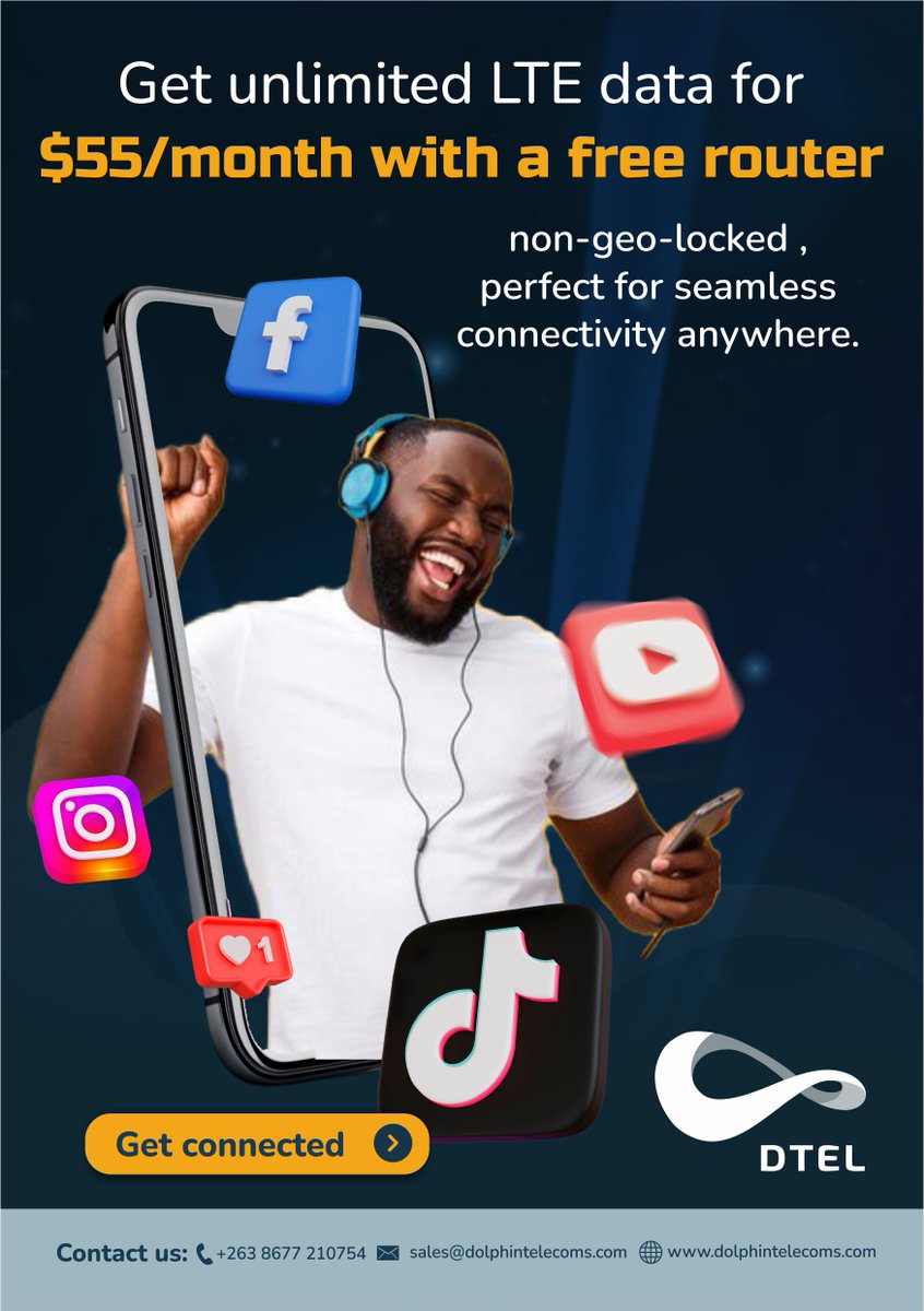 Unleash your internet🛜! Get unlimited, non-geolocked data with Dolphin Telecoms 🐬for just $55/month - and enjoy a FREE router! 🛜🛜🛜🛜 Please send  a message to our contact centre at +263 71 784 8204 (WhatsApp only) or click the link  wa.me/263717848204