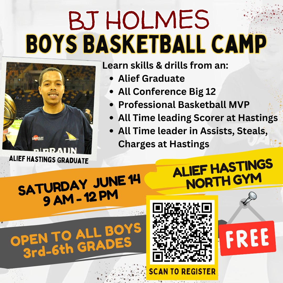 🏀BJ Holmes Basketball Camp
🗓️Saturday, June 14
🕘9:00 AM - 12:00 PM
📍Hastings North Gym
🆓FREE🆓
🏃Open to ALL Boys 3rd-6th Grades
🚨Register by scanning QR Code or clicking on link 
🔗docs.google.com/forms/d/e/1FAI…

<a href="/AliefISD/">Alief ISD</a> <a href="/Alief_Athletics/">Alief ISD Athletics</a> <a href="/11bjholmes/">Bj Holmes</a>