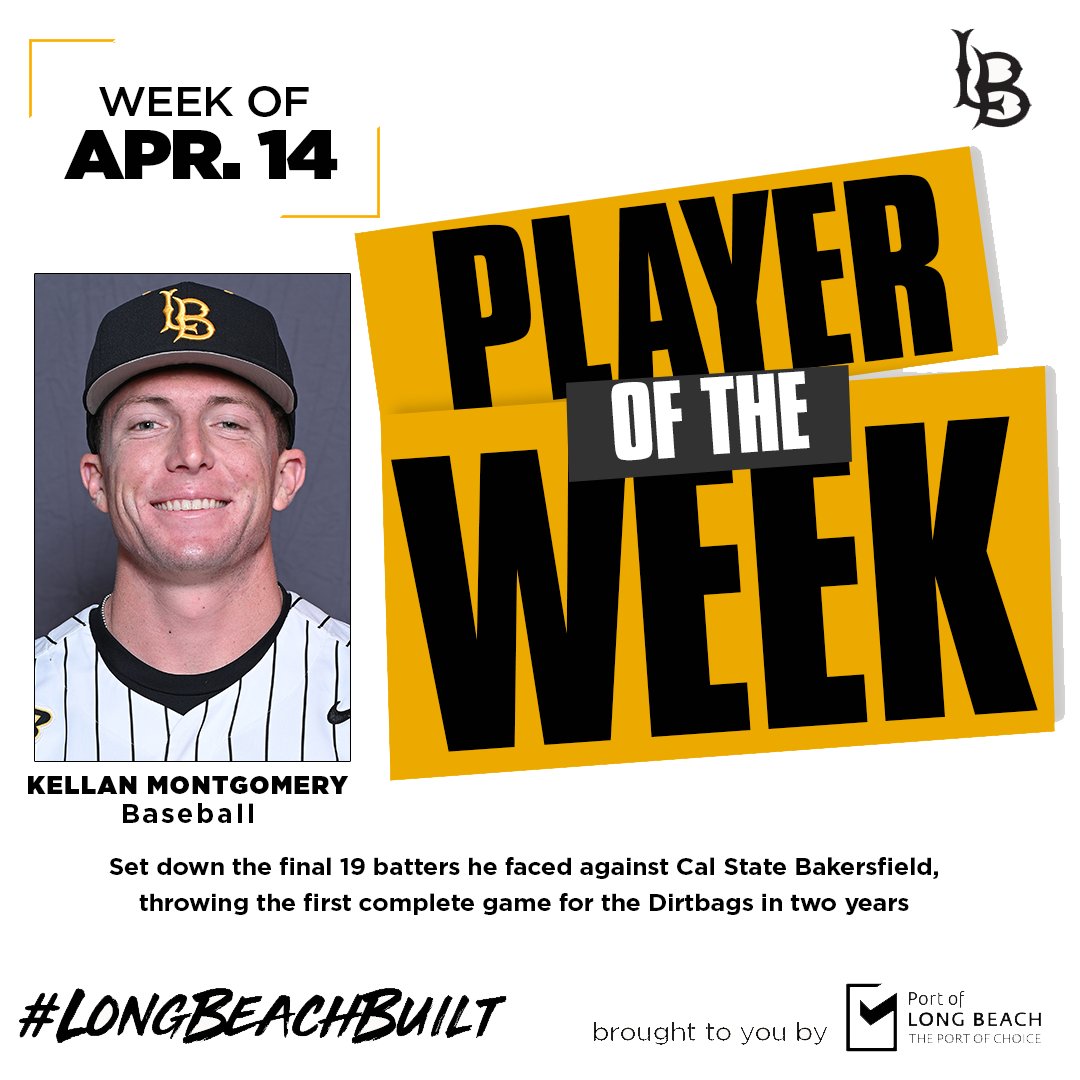 LBSU Athletics (@lbsuathletics) on Twitter photo Kellan Montgomery of <a href="/LBDirtbags/">LBSU Dirtbags</a> is our Player of the Week, presented by <a href="/portoflongbeach/">Port of Long Beach</a>! Throwing the team's first complete game in two years, Montgomery allowed just four hits and retired the last 19 in a row against CSUB! #LongBeachBuilt Kellan Montgomery of <a href="/LBDirtbags/">LBSU Dirtbags</a> is our Player of the Week, presented by <a href="/portoflongbeach/">Port of Long Beach</a>! Throwing the team's first complete game in two years, Montgomery allowed just four hits and retired the last 19 in a row against CSUB! #LongBeachBuilt