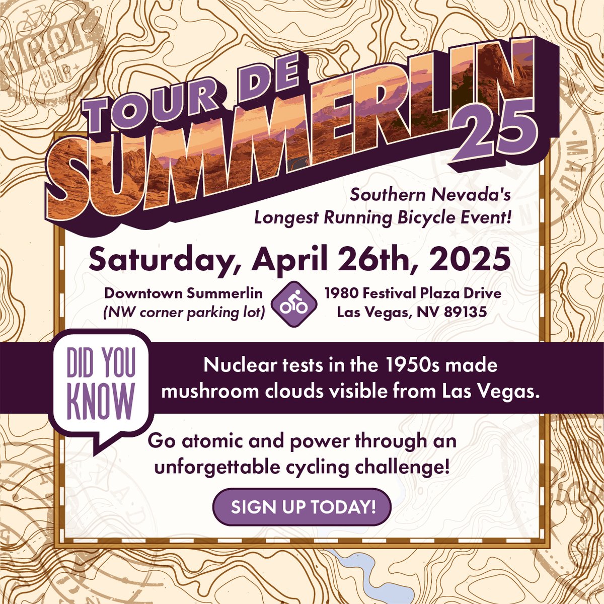 TourDeSummerlin's tweet image. 🚴‍♂️ Power through the desert like never before! Go atomic with your energy 💥 Inspired by Vegas’ wild 1950s history! tourdesummerlin.com #GoAtomic #DesertRide #TourDeSummerlin