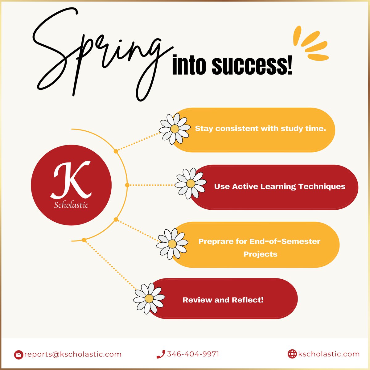 Kscholasticinc's tweet image. Although the end of the school year may feel like a long time away, final exams are right around the corner! Here are some tips to maximize your success this spring 🌼

#kscholastic #tutors #houstontutor #tutoring #education #tutoringservices #sattutor #executivefunction