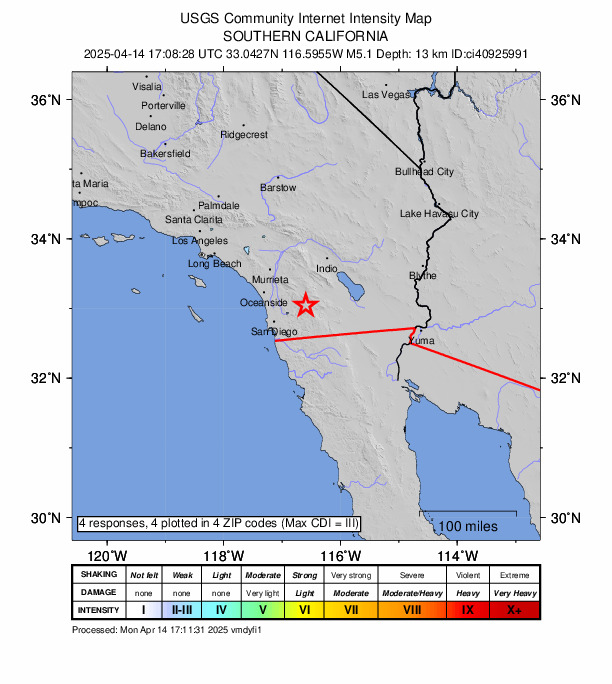 #Earthquake magnitude 5.2 (USGS) located 4 km S of Julian, #California.

•Strong to moderate intensity reported.
•Widely felt in Southern California.
•Low likelihood of casualties and damage.

#ShakeAlert issued an Earthquake Early Warning: earthquake.usgs.gov/earthquakes/ev…