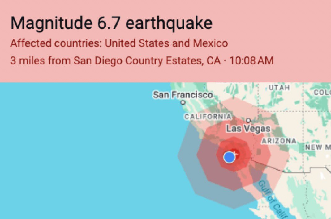 Lemelson's tweet image. JUST IN: 6.7 magnitude earthquake strikes the San Diego area.