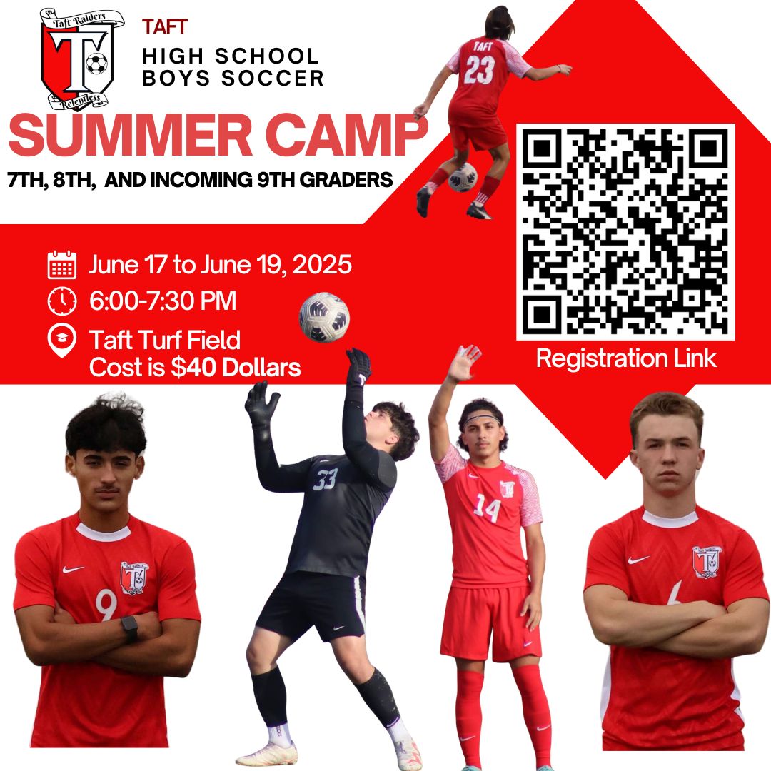 Taft Men's Soccer (@taftmenssoccer) on Twitter photo 2025 Taft Boys Soccer Summer Camp ⚽️ June 17th-19th! Get to know the coaching staff and our facilities while being introduced to a HS soccer practice! Access Camp Forms and Register using QR Code.
<a href="/NISDTaft/">Taft HS</a>
<a href="/NISDBriscoe/">Dolph Briscoe Middle</a>
<a href="/NISDZachry/">Zachry MS</a>
<a href="/NISDJefferson/">Jefferson Middle School</a> 2025 Taft Boys Soccer Summer Camp ⚽️ June 17th-19th! Get to know the coaching staff and our facilities while being introduced to a HS soccer practice! Access Camp Forms and Register using QR Code.
<a href="/NISDTaft/">Taft HS</a>
<a href="/NISDBriscoe/">Dolph Briscoe Middle</a>
<a href="/NISDZachry/">Zachry MS</a>
<a href="/NISDJefferson/">Jefferson Middle School</a>