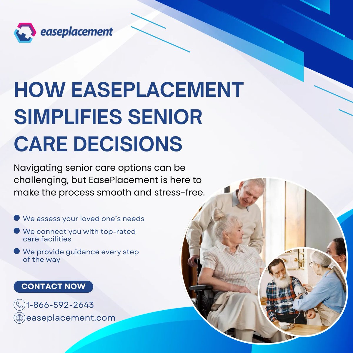 EasePlacement's tweet photo. Title: How EasePlacement Simplifies Senior Care Decisions
Subheading: Navigating senior care options can be challenging, but EasePlacement is here to make the process smooth and stress-free.
✅ We assess your loved one’s needs
✅ We connect you with top-rated care facilities https://t.co/2ILcRx7PEb