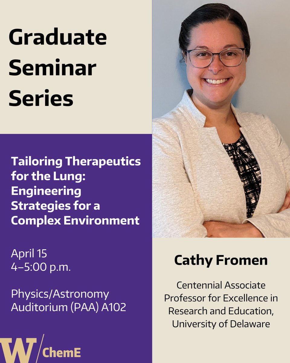 UW Chemical Engineering (@uwcheme) on Twitter photo Cathy Fromen, associate professor at the University of Delaware (<a href="/UDChBE/">Delaware ChBE</a>), will share a seminar titled "Tailoring Therapeutics for the Lung: Engineering Strategies for a Complex Environment."
April 15, 2025
PAA A102
Reception: 3:30 p.m.
Seminar: 4–5 p.m.
tinyurl.com/041525Fromen Cathy Fromen, associate professor at the University of Delaware (<a href="/UDChBE/">Delaware ChBE</a>), will share a seminar titled "Tailoring Therapeutics for the Lung: Engineering Strategies for a Complex Environment."
April 15, 2025
PAA A102
Reception: 3:30 p.m.
Seminar: 4–5 p.m.
tinyurl.com/041525Fromen