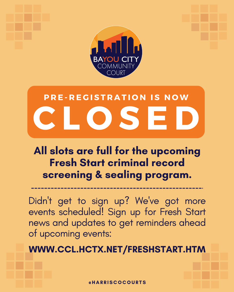 #UPDATE: Due to overwhelming demand, pre-registration for criminal record screening &amp; sealing at our May event is now closed! We hit our 300-person screening capacity in just 16 minutes. Miss it? Subscribe to get notifications ahead of future events: ccl.hctx.net/FreshStart.htm.