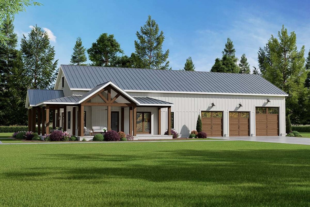 Step into a Barndo beauty with Plan 009-00444 with us 👇💛  

This 1,743 sq. ft. house plan gives you and your family 3 bedrooms, 2 bathrooms, a wrap-around porch, a mud room, an open floor plan with high ceilings, and a kitchen island: bit.ly/4cApgqz